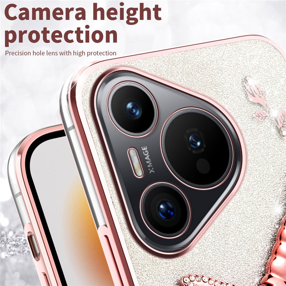 KADEM TPU-mobilcover til Huawei Pura 70 med guldsmed, stativ, blomster og glitter