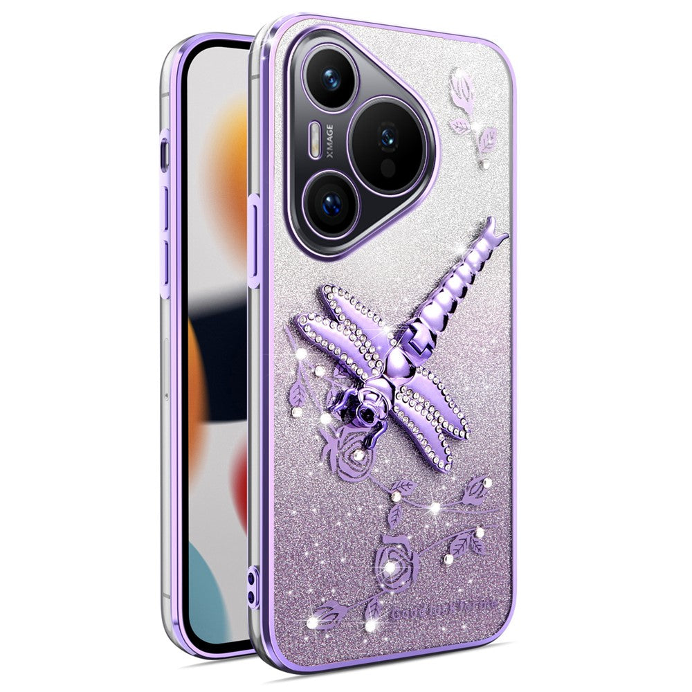 KADEM TPU-mobilcover til Huawei Pura 70 med guldsmed, stativ, blomster og glitter