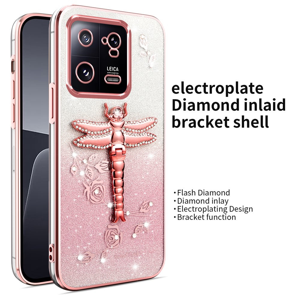 KADEM For Xiaomi 13 Case Dragonfly Kickstand TPU Flowers Glitter Phone Cover