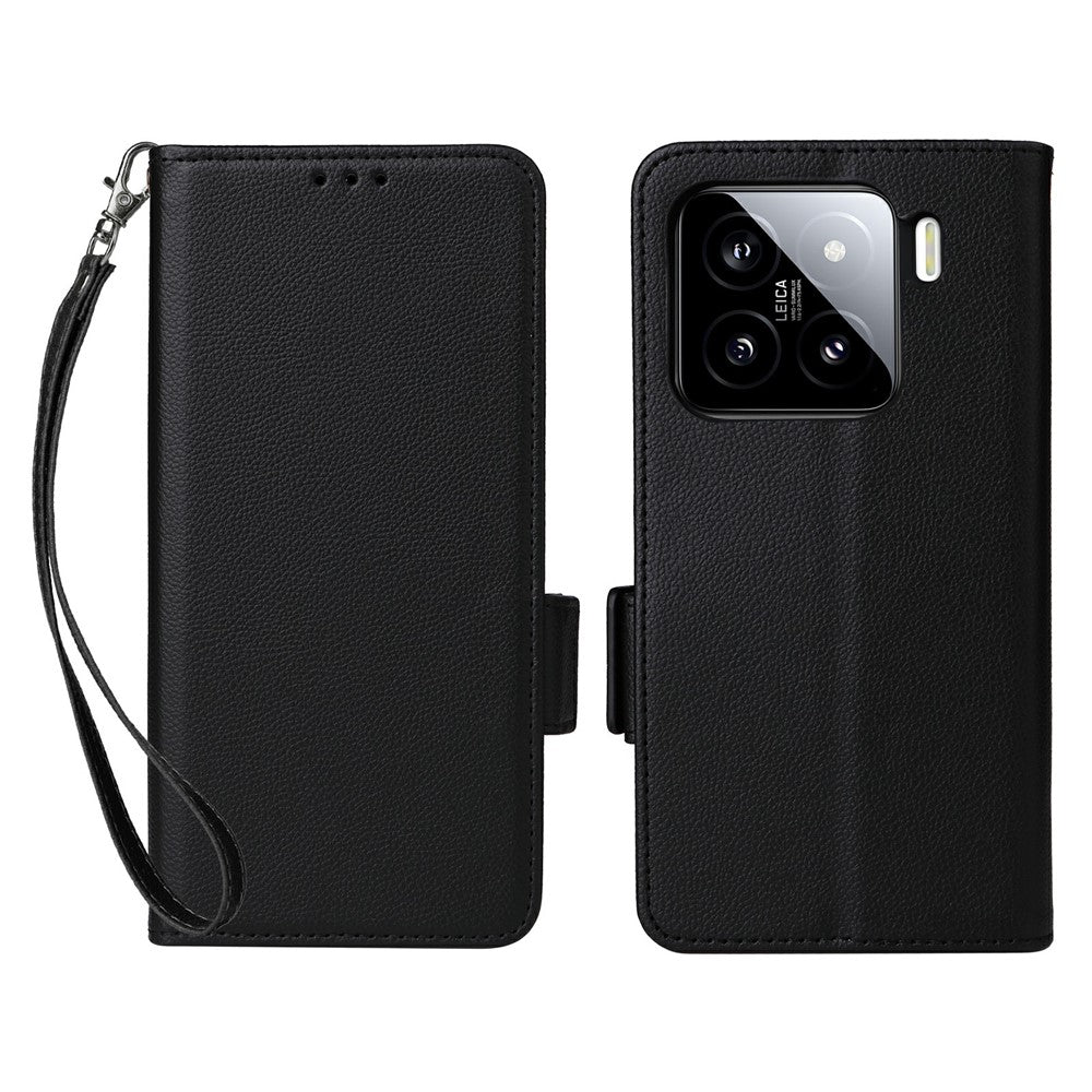 For Xiaomi 15 Pro Case with Wrist Strap Litchi Texture PU Leather Wallet Phone Cover