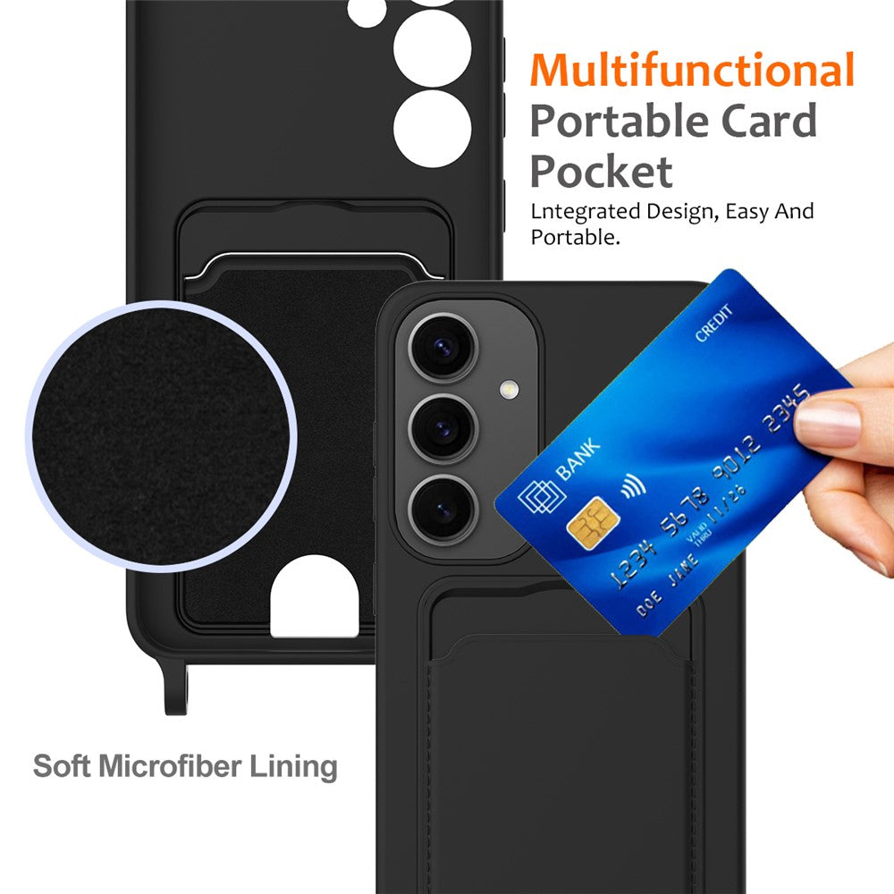 For Samsung Galaxy S25+ Case Liquid Silicone Card Holder Phone Back Cover with Lanyard