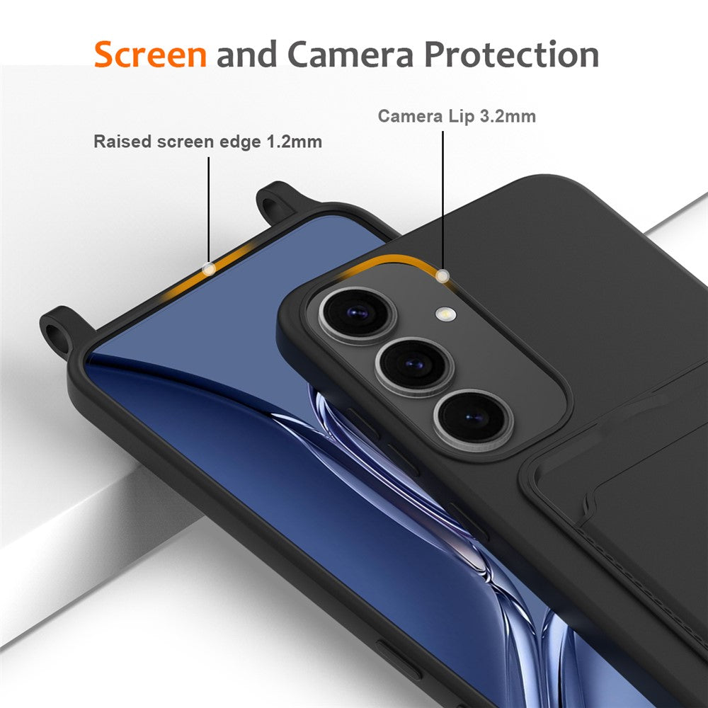 For Samsung Galaxy S25+ Case Liquid Silicone Card Holder Phone Back Cover with Lanyard