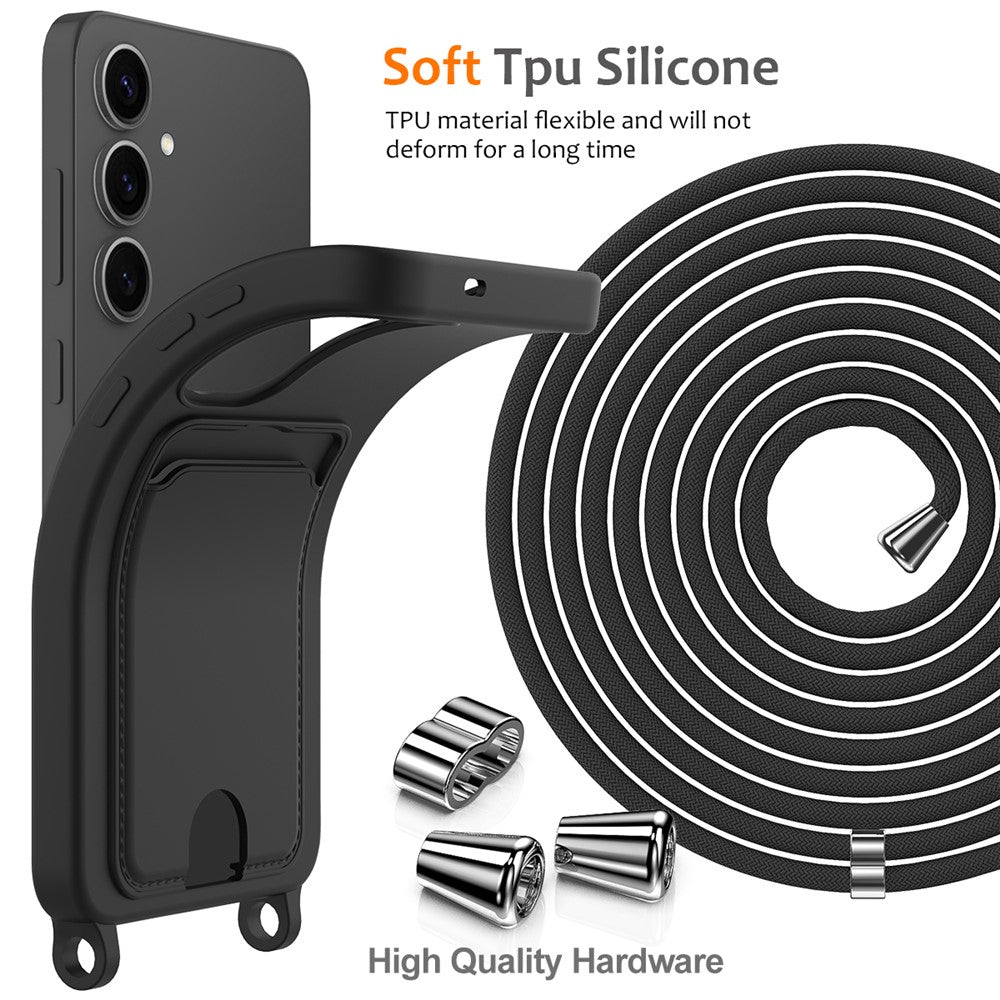For Samsung Galaxy S25+ Case Liquid Silicone Card Holder Phone Back Cover with Lanyard