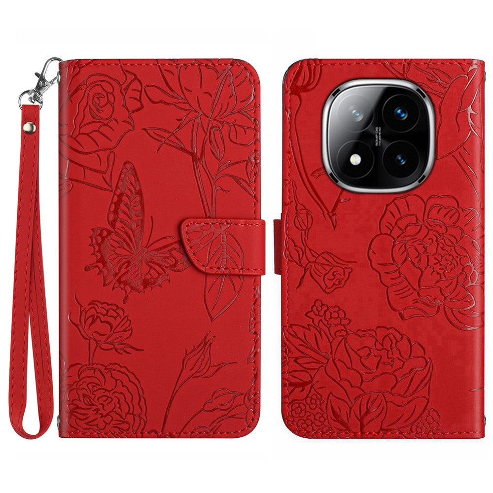 For Xiaomi Redmi Note 14 Pro+ 5G / 14 Pro 5G / Poco X7 5G Case Leather Phone Cover with Strap, Butterfly Flower Imprint