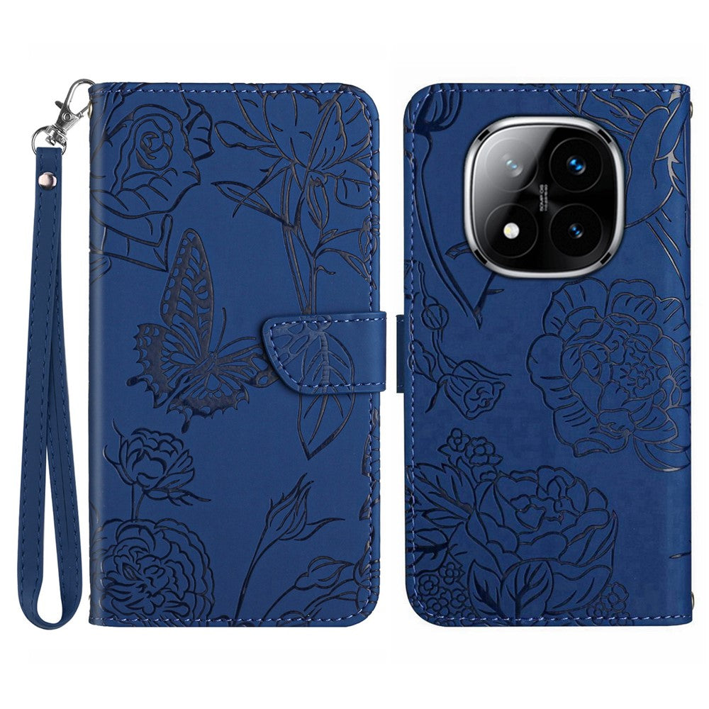 For Xiaomi Redmi Note 14 Pro+ 5G / 14 Pro 5G / Poco X7 5G Case Leather Phone Cover with Strap, Butterfly Flower Imprint
