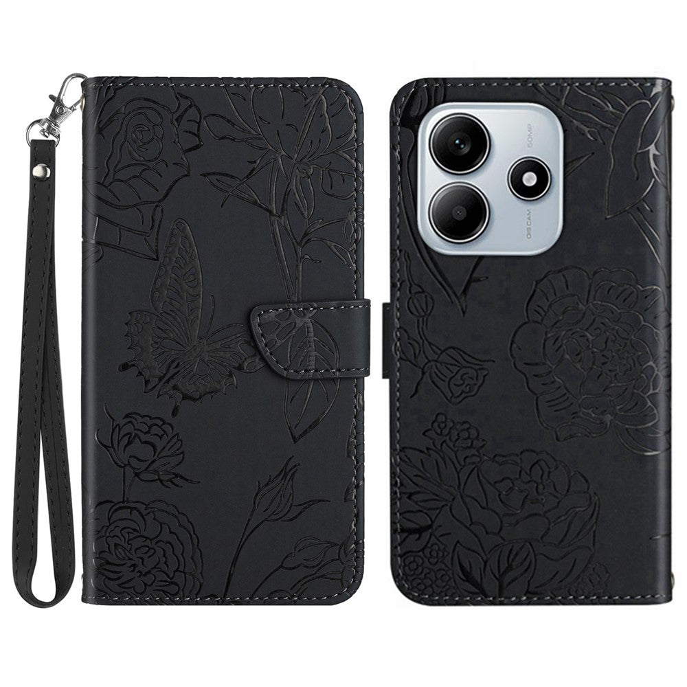 Xiaomi Redmi Note 14 5G-skal i läder med rem, tryck med fjärilsblomma