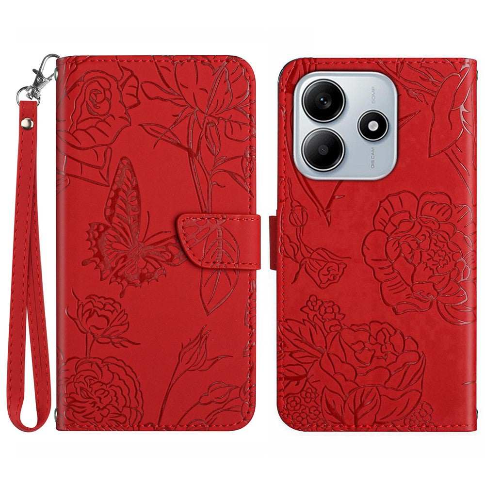 Xiaomi Redmi Note 14 5G-skal i läder med rem, tryck med fjärilsblomma