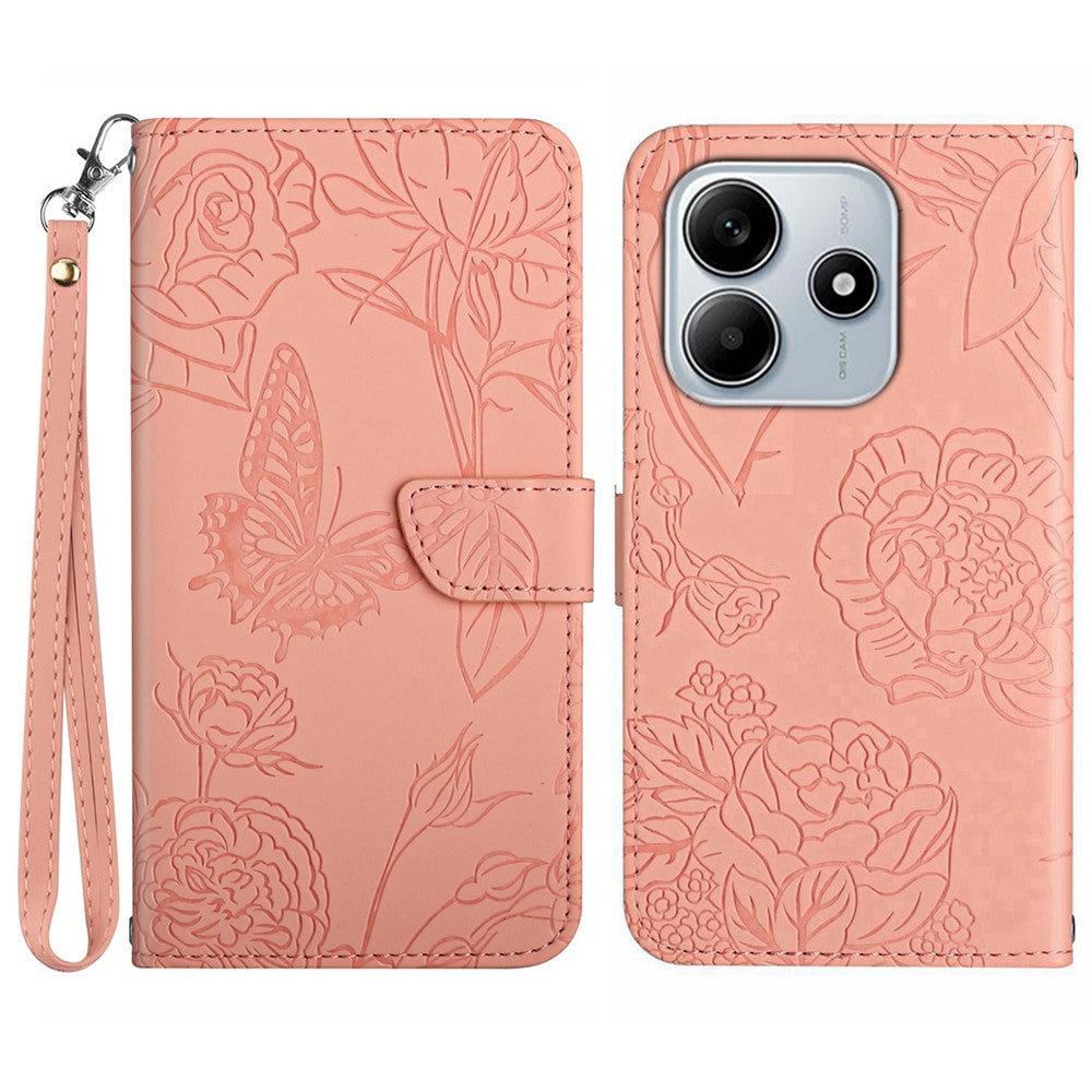Xiaomi Redmi Note 14 5G-skal i läder med rem, tryck med fjärilsblomma