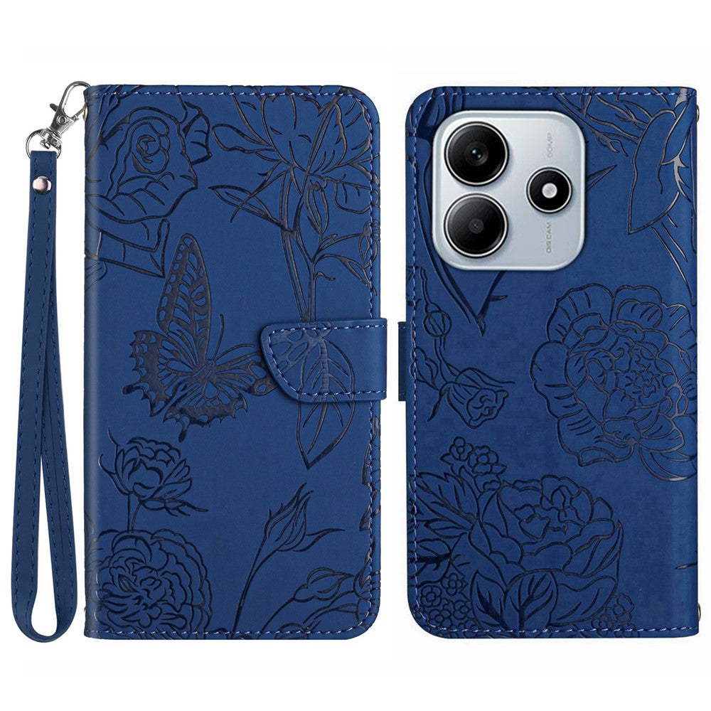 Xiaomi Redmi Note 14 5G-skal i läder med rem, tryck med fjärilsblomma