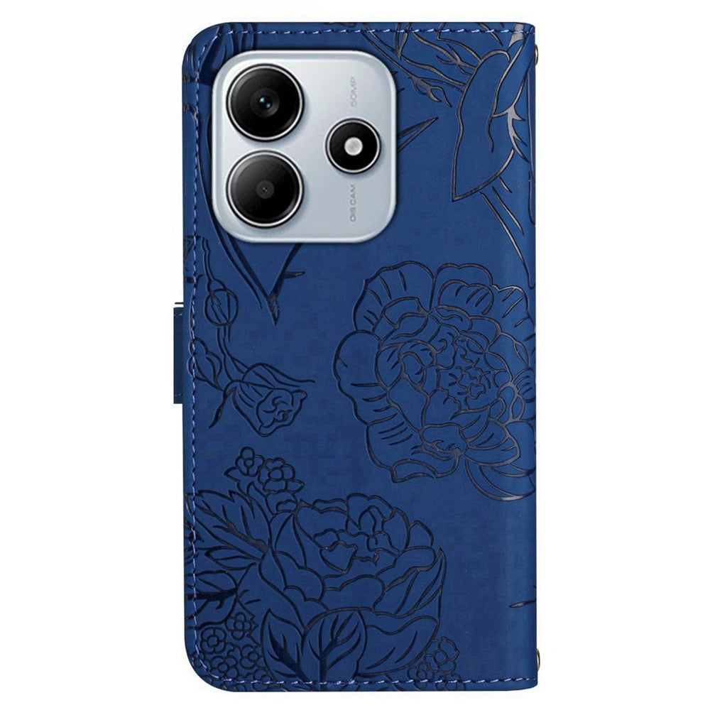 Xiaomi Redmi Note 14 5G-skal i läder med rem, tryck med fjärilsblomma