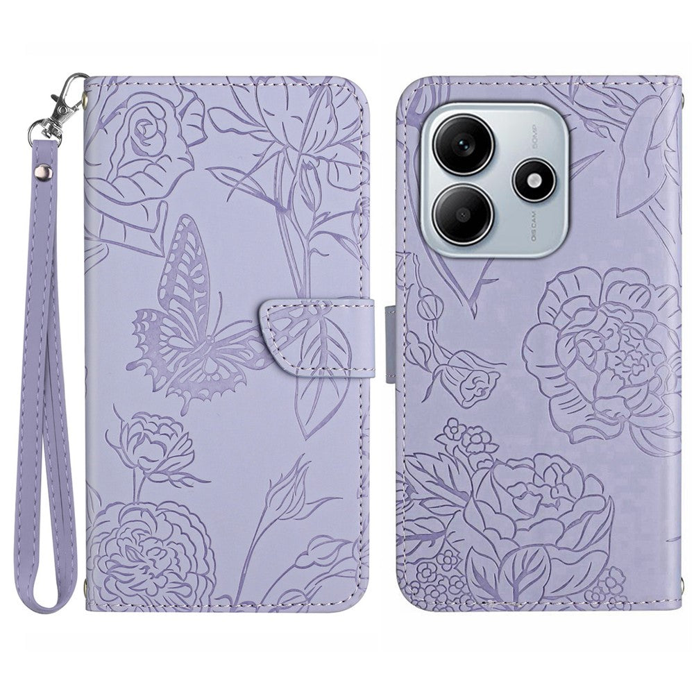 Xiaomi Redmi Note 14 5G-skal i läder med rem, tryck med fjärilsblomma