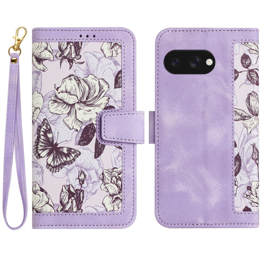 Til Google Pixel 9a Cover i PU Læder med Blomstermønster og Kortlommer