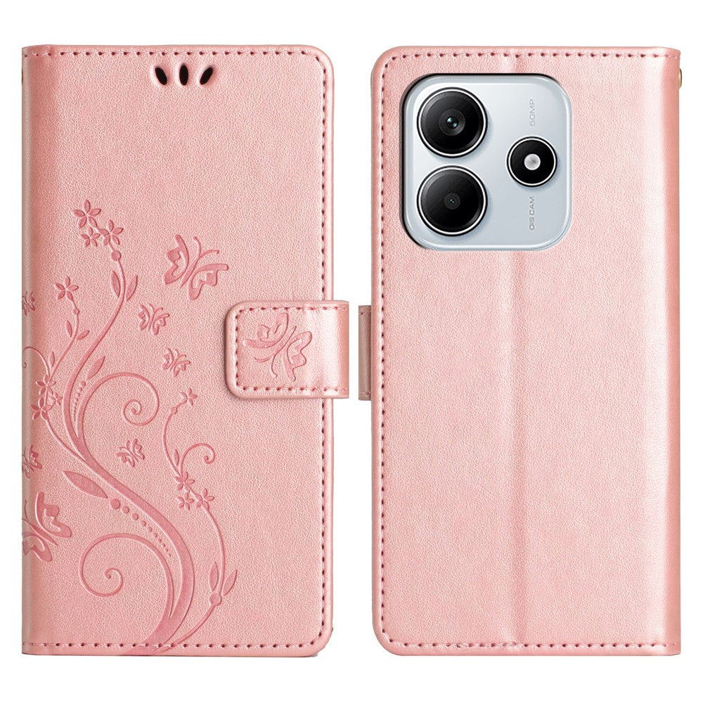 For Xiaomi Redmi Note 14 5G Leather Wallet Case Butterfly Flower Imprinted Phone Cover with Strap