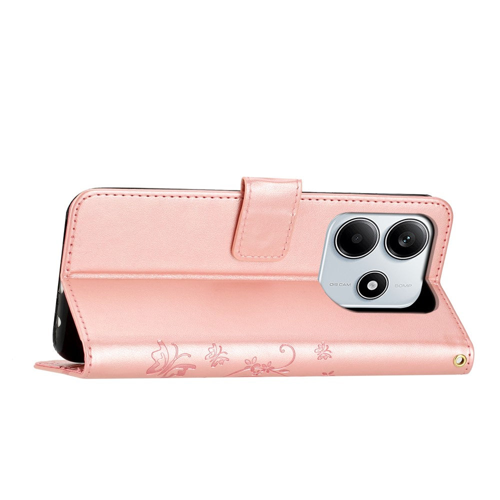 For Xiaomi Redmi Note 14 5G Leather Wallet Case Butterfly Flower Imprinted Phone Cover with Strap