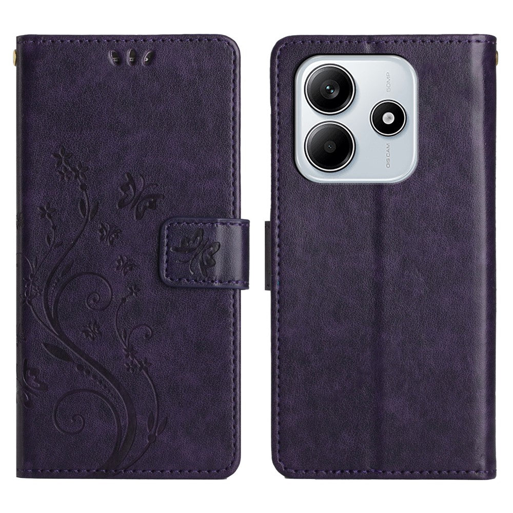 For Xiaomi Redmi Note 14 5G Leather Wallet Case Butterfly Flower Imprinted Phone Cover with Strap