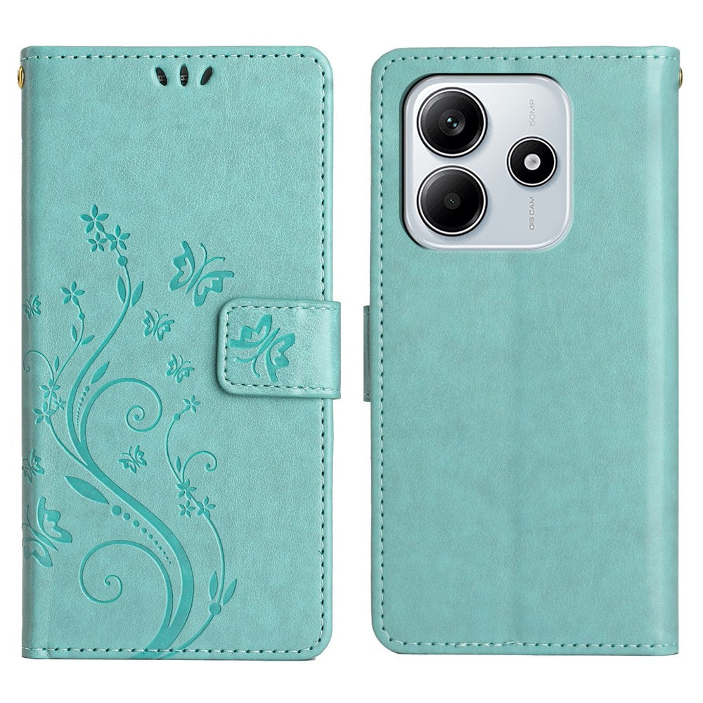 For Xiaomi Redmi Note 14 5G Leather Wallet Case Butterfly Flower Imprinted Phone Cover with Strap