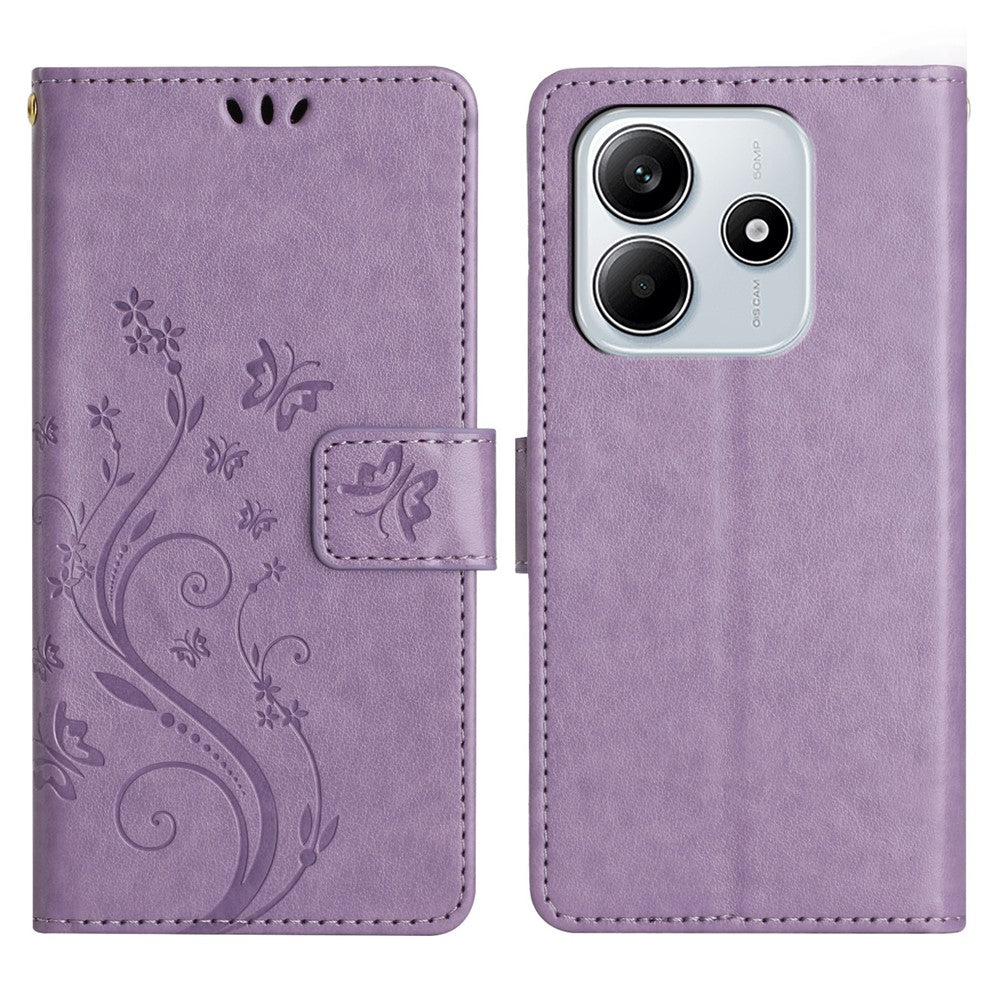 For Xiaomi Redmi Note 14 5G Leather Wallet Case Butterfly Flower Imprinted Phone Cover with Strap