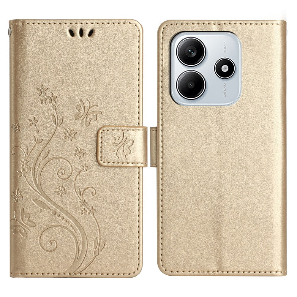 For Xiaomi Redmi Note 14 5G Leather Wallet Case Butterfly Flower Imprinted Phone Cover with Strap