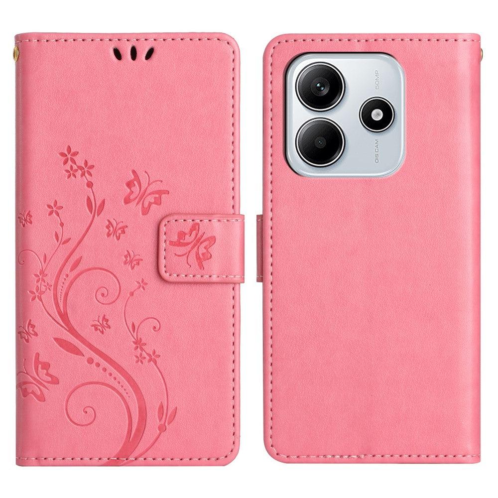 For Xiaomi Redmi Note 14 5G Leather Wallet Case Butterfly Flower Imprinted Phone Cover with Strap