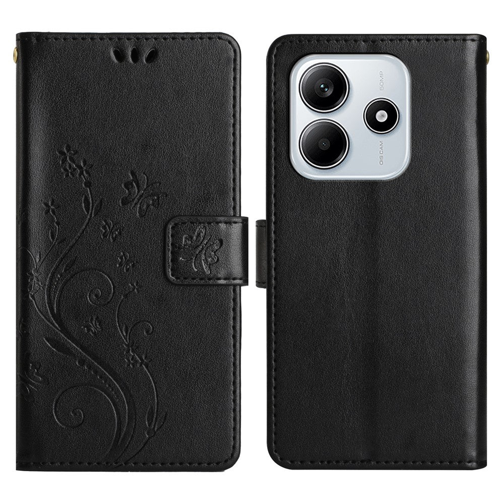 For Xiaomi Redmi Note 14 5G Leather Wallet Case Butterfly Flower Imprinted Phone Cover with Strap