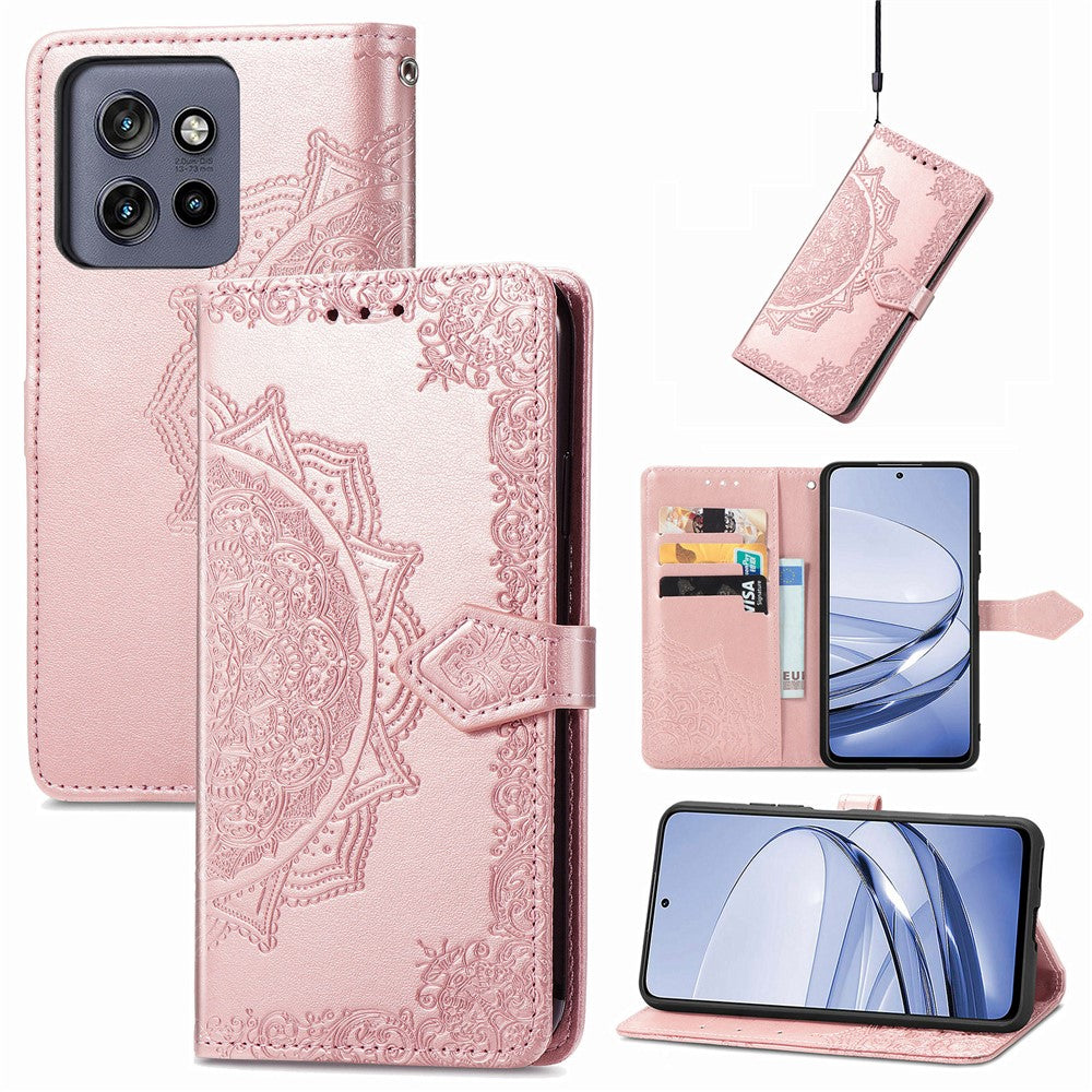 Plånboksfodral för Motorola Edge 60 Neo 5G / Edge 50 Neo 5G / Moto S50 5G / ThinkPhone 25 5G Läderfodral med mandalablomma, stativvy