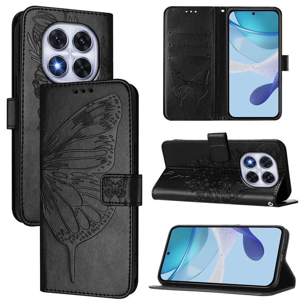 Xiaomi Redmi Note 14 Pro+ 5G / Note 14 Pro 5G / Poco X7 5G Plånboksfodral med handledsrem Läderfodral med fjärilstryck