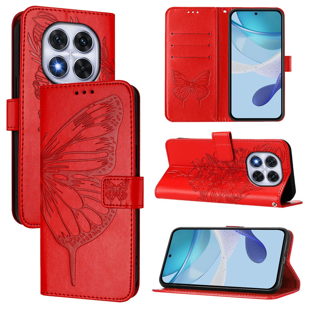 For Xiaomi Redmi Note 14 Pro+ 5G / Note 14 Pro 5G / Poco X7 5G Wallet Case with Wrist Strap Butterfly Imprint Leather Phone Cover