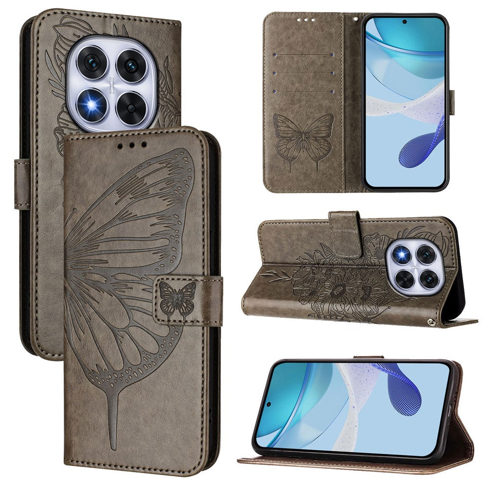 For Xiaomi Redmi Note 14 Pro+ 5G / Note 14 Pro 5G / Poco X7 5G Wallet Case with Wrist Strap Butterfly Imprint Leather Phone Cover