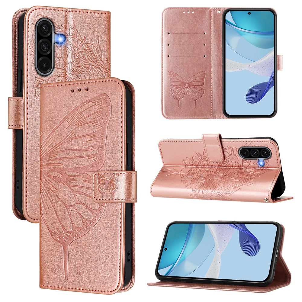 Til Samsung Galaxy A37 5G / A56 5G / A36 5G Pung Etui med Håndledsrem Sommerfuglepræg Læder Telefoncover