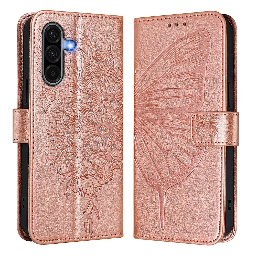 Til Samsung Galaxy A37 5G / A56 5G / A36 5G Pung Etui med Håndledsrem Sommerfuglepræg Læder Telefoncover