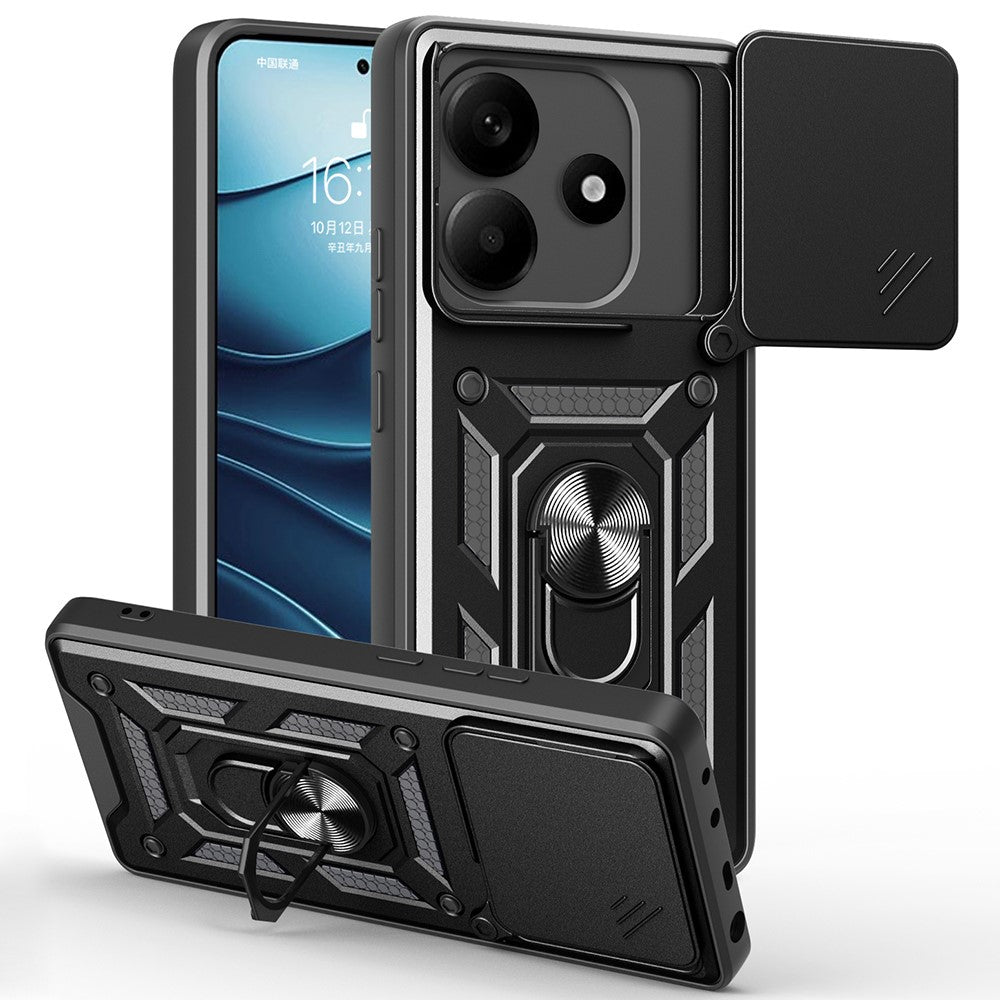 For Xiaomi Redmi Note 14 5G Case with Slide Camera Lid PC+TPU Kickstand Phone Cover