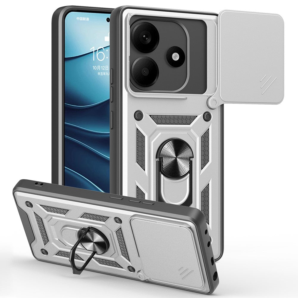 For Xiaomi Redmi Note 14 5G Case with Slide Camera Lid PC+TPU Kickstand Phone Cover