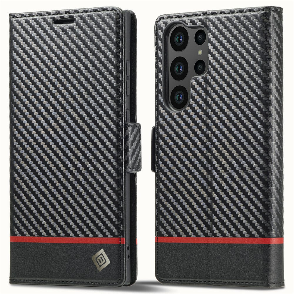 LC.IMEEKE etui til Samsung Galaxy S25 Ultra med kulfibertekstur, mobilcover, stativ og kortholder