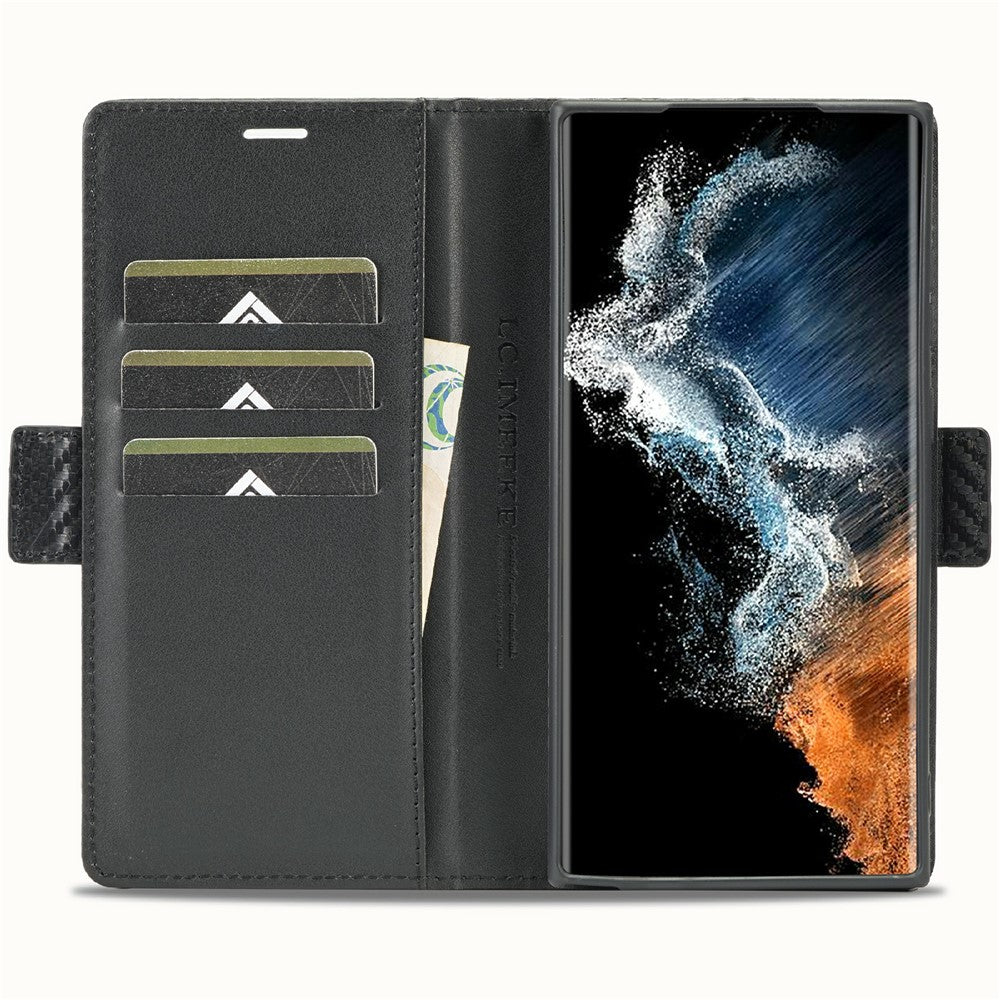 LC.IMEEKE etui til Samsung Galaxy S25 Ultra med kulfibertekstur, mobilcover, stativ og kortholder