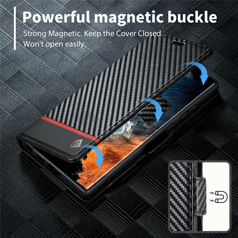 LC.IMEEKE etui til Samsung Galaxy S25 Ultra med kulfibertekstur, mobilcover, stativ og kortholder