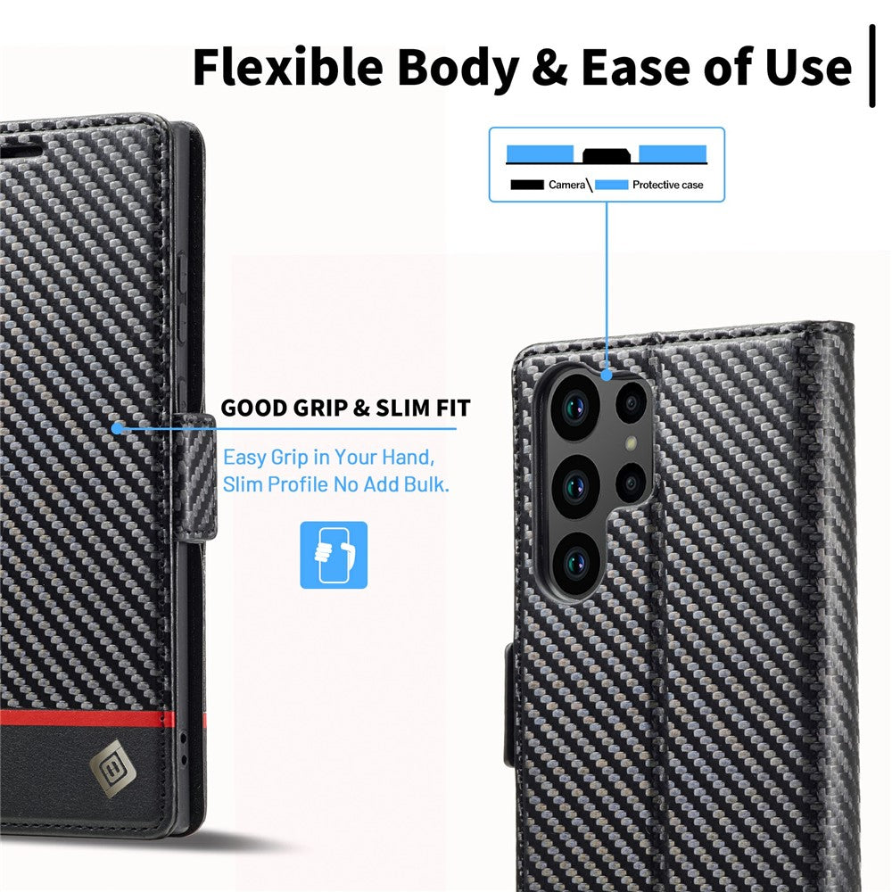LC.IMEEKE etui til Samsung Galaxy S25 Ultra med kulfibertekstur, mobilcover, stativ og kortholder