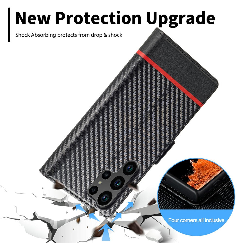 LC.IMEEKE etui til Samsung Galaxy S25 Ultra med kulfibertekstur, mobilcover, stativ og kortholder
