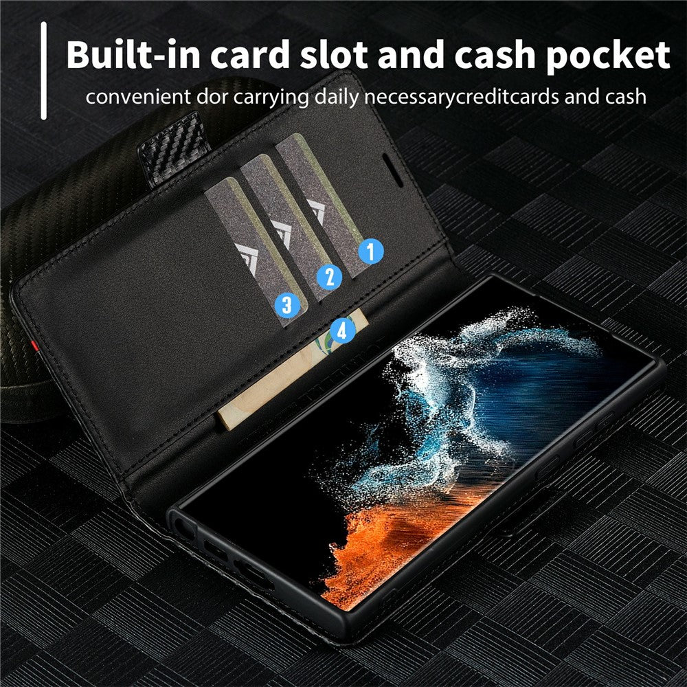 LC.IMEEKE etui til Samsung Galaxy S25 Ultra med kulfibertekstur, mobilcover, stativ og kortholder