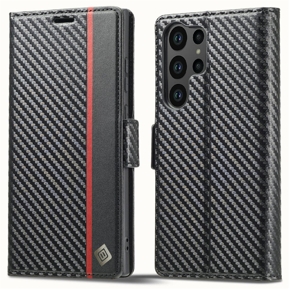 LC.IMEEKE etui til Samsung Galaxy S25 Ultra med kulfibertekstur, mobilcover, stativ og kortholder
