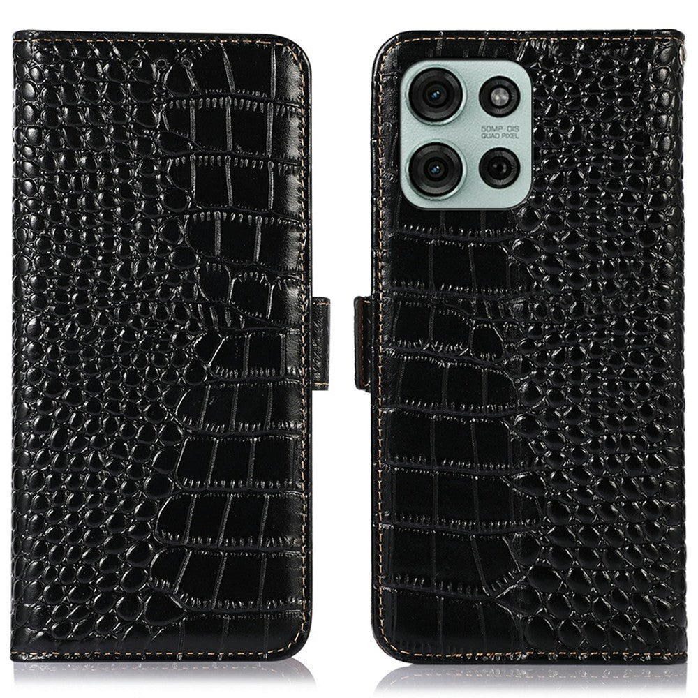 For Motorola Moto G75 5G Case Crocodile Texture Genuine Cow Leather Phone Wallet Cover