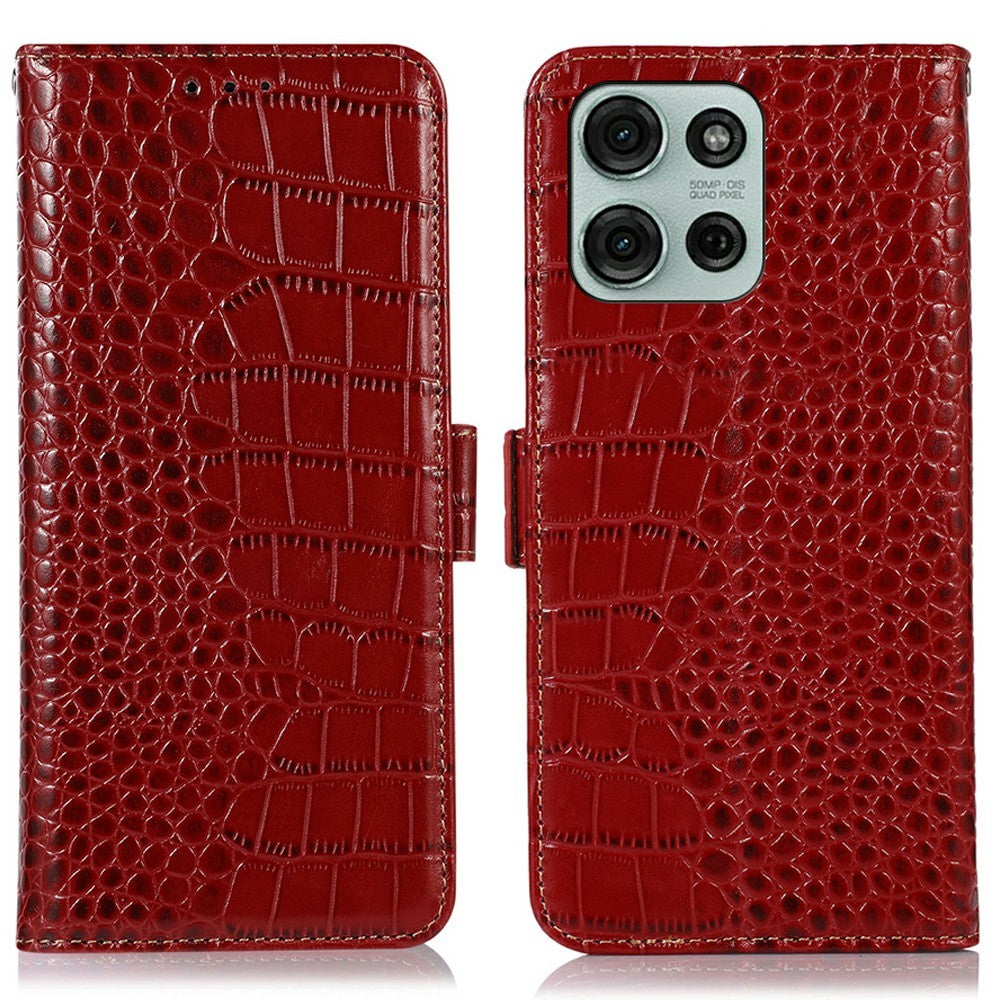 For Motorola Moto G75 5G Case Crocodile Texture Genuine Cow Leather Phone Wallet Cover