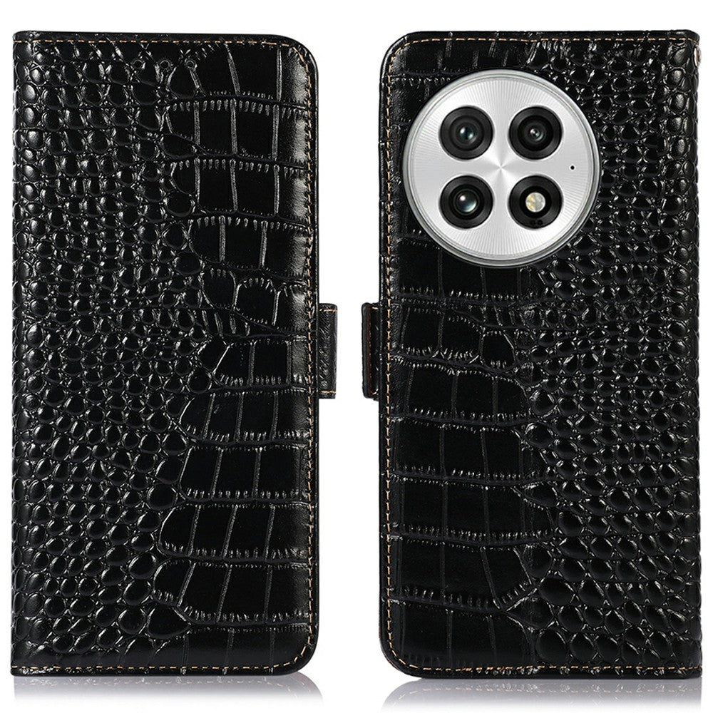 For OnePlus 13 Case Crocodile Texture Genuine Cow Leather Phone Wallet Cover
