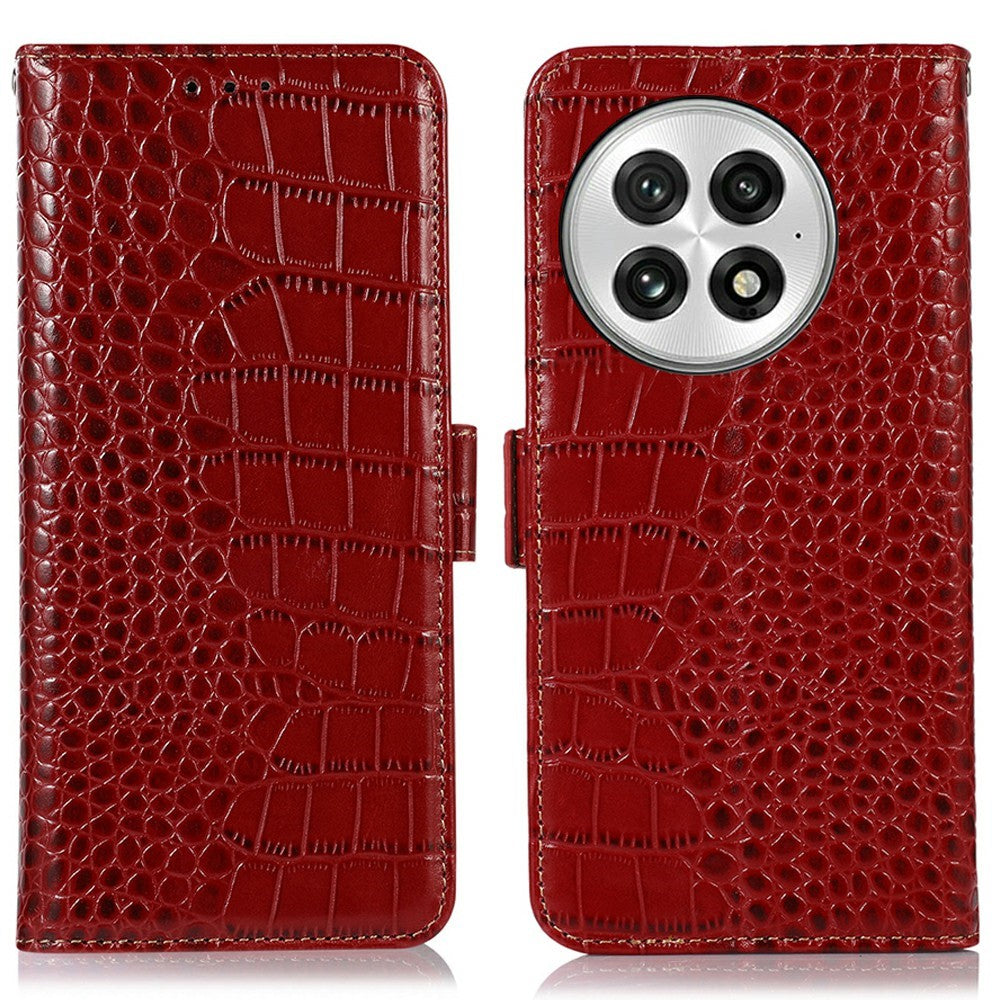 For OnePlus 13 Case Crocodile Texture Genuine Cow Leather Phone Wallet Cover