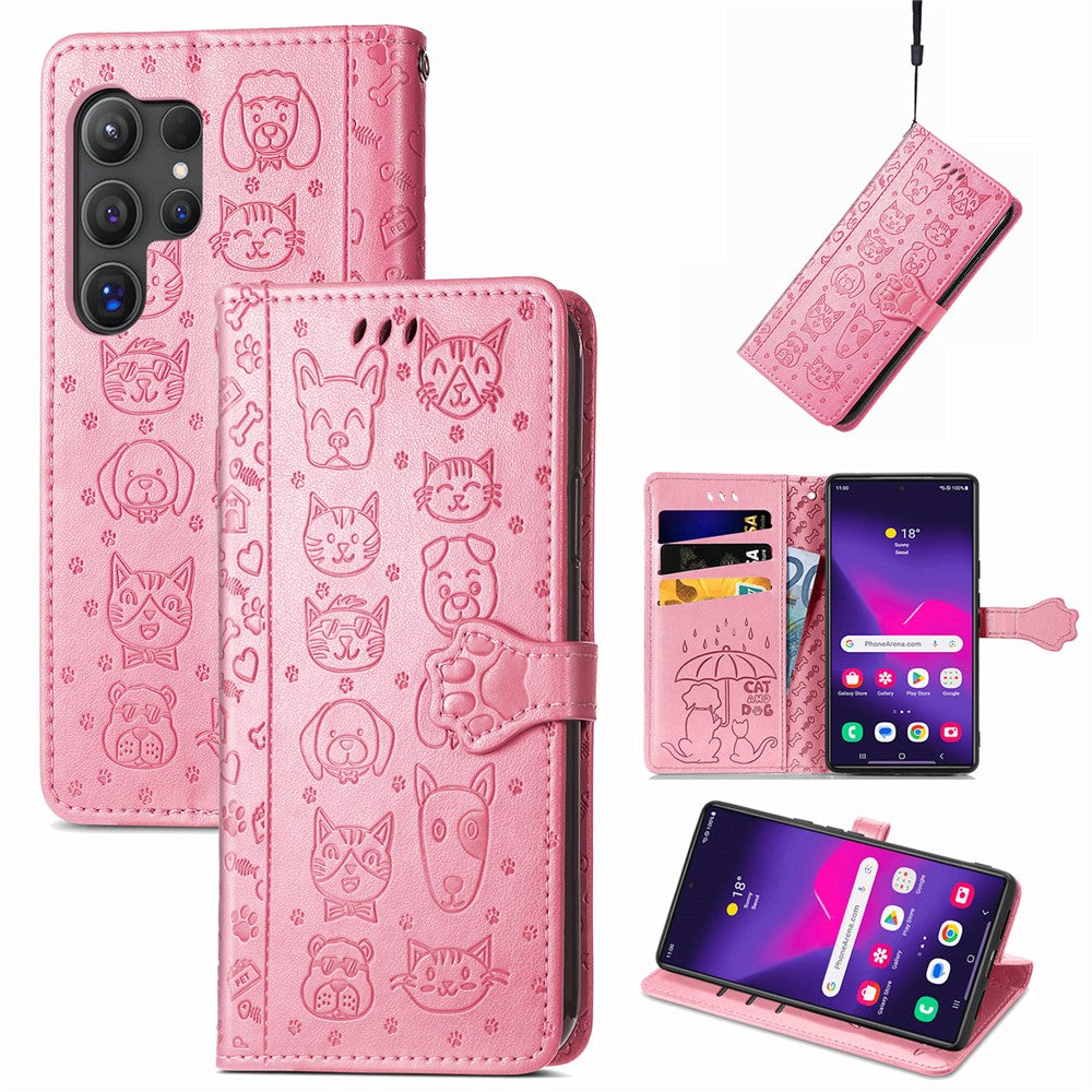 For Samsung Galaxy S25 Ultra Leather Wallet Case Flip Phone Cover with Cute Cat Dog Pattern