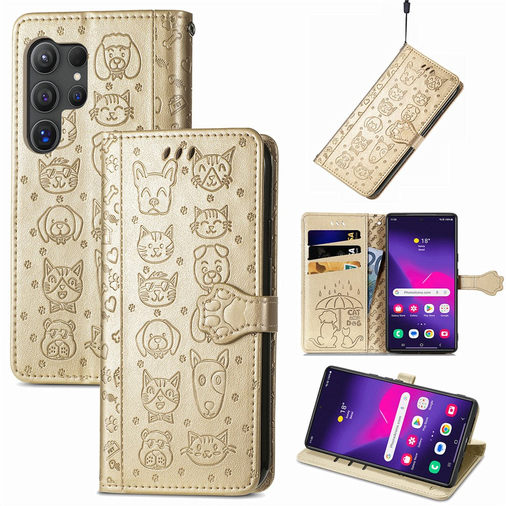 For Samsung Galaxy S25 Ultra Leather Wallet Case Flip Phone Cover with Cute Cat Dog Pattern