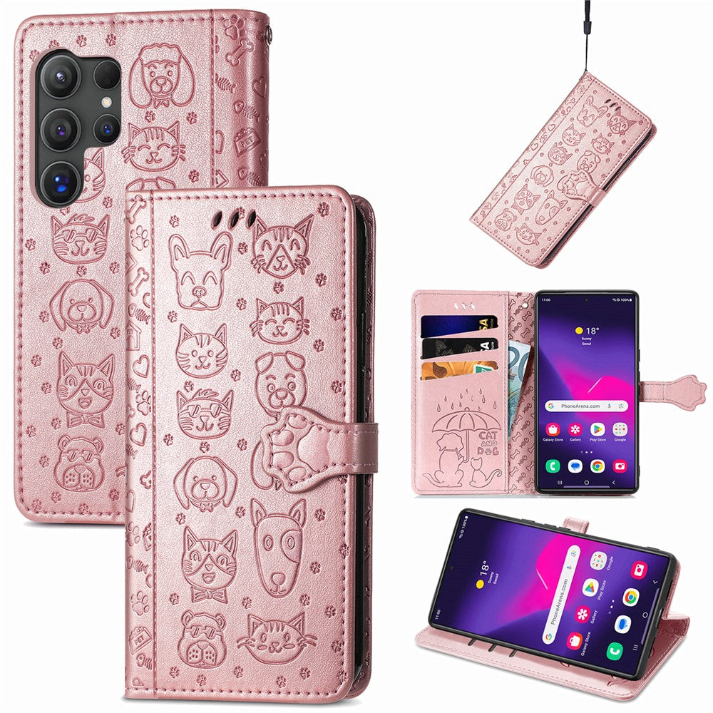 For Samsung Galaxy S25 Ultra Leather Wallet Case Flip Phone Cover with Cute Cat Dog Pattern
