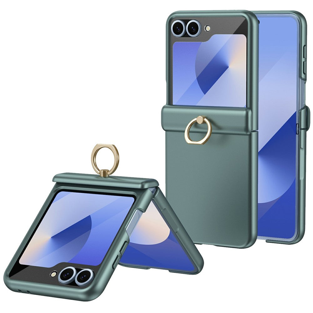 For Samsung Galaxy Z Flip5 5G Case with Tempered Glass Film Ring Holder Kickstand PC Phone Cover