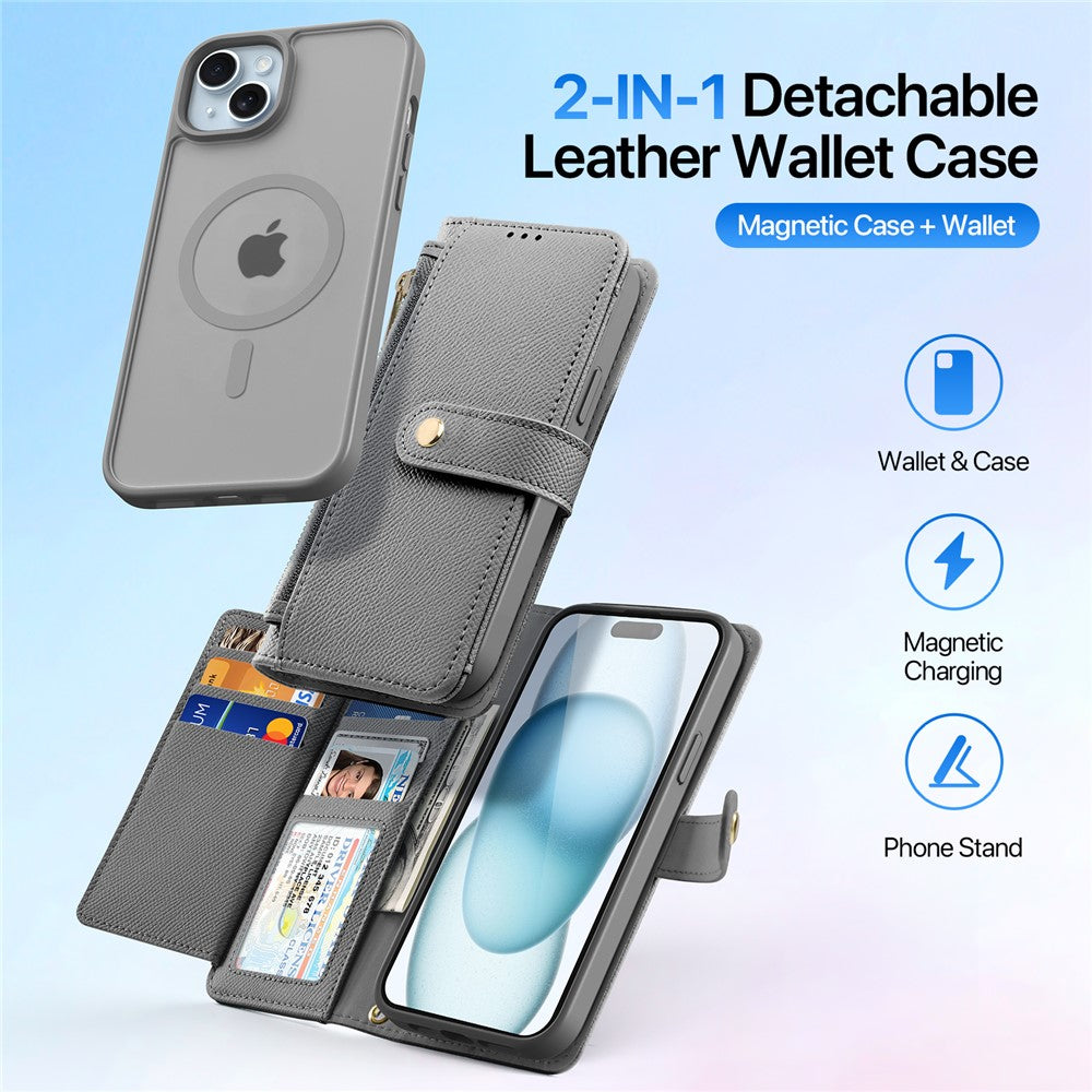 DUX DUCIS For iPhone 15 Plus Case  Lawa Series Detachable Magnetic Cowhide Leather Cover Zipper Wallet
