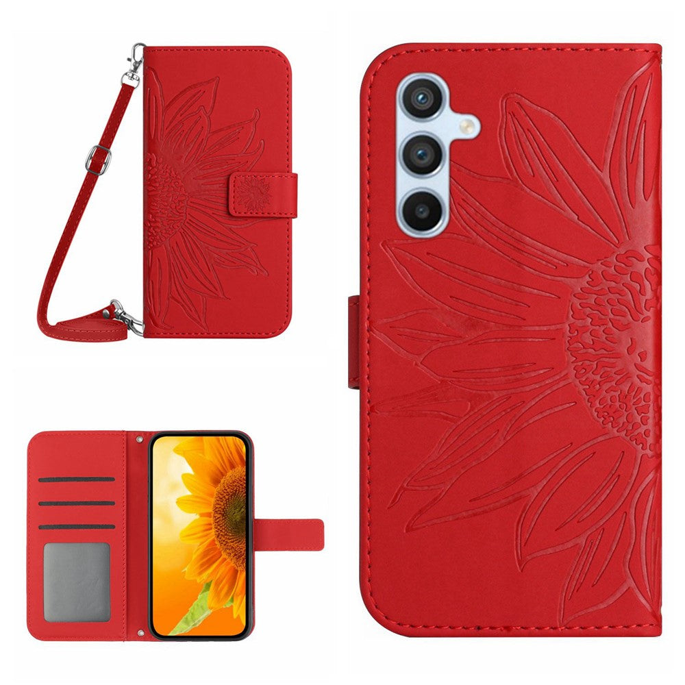 HT04 For Samsung Galaxy A56 5G / M56 5G Case Sunflower Imprint PU Leather Phone Cover with Long Strap