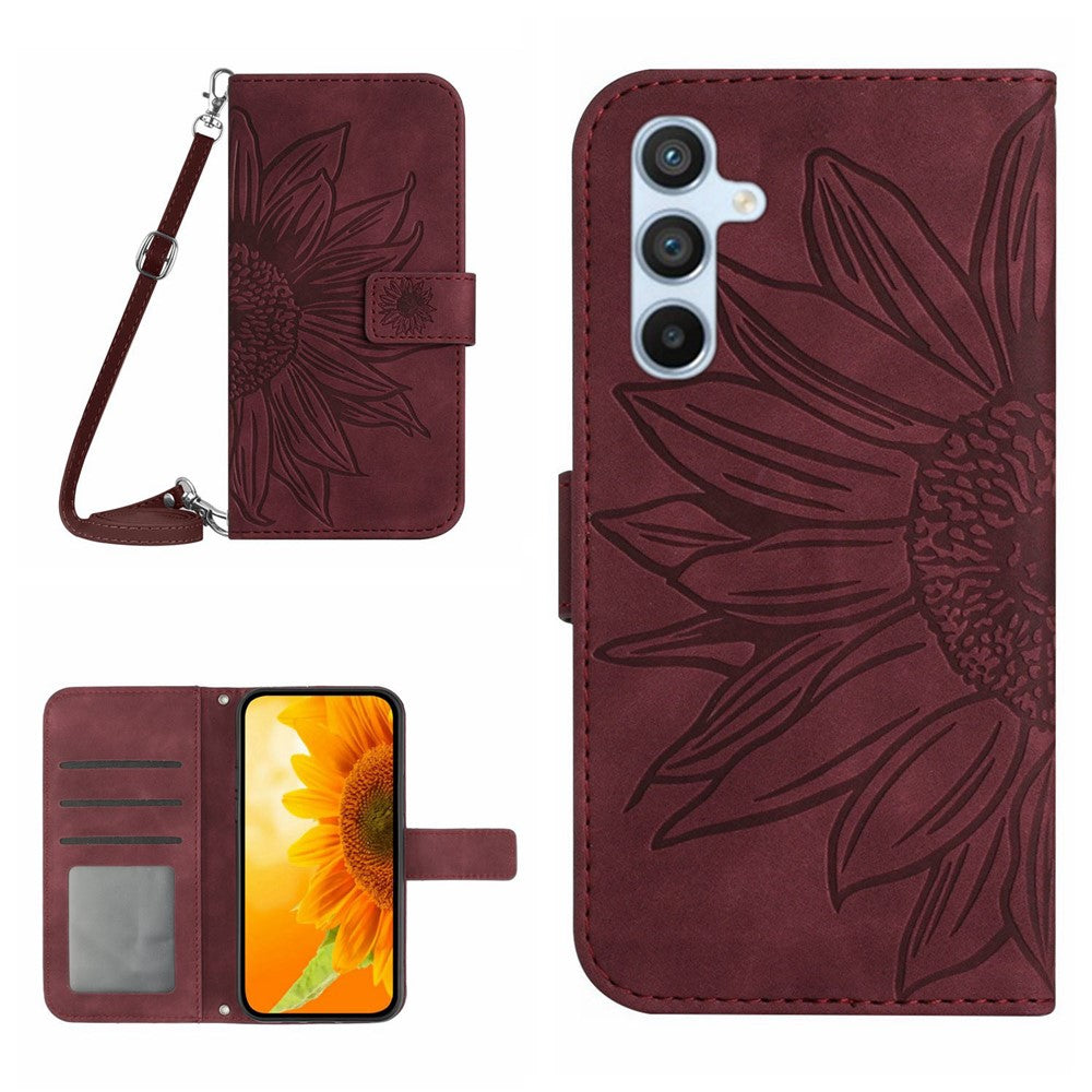 HT04 For Samsung Galaxy A56 5G / M56 5G Case Sunflower Imprint PU Leather Phone Cover with Long Strap